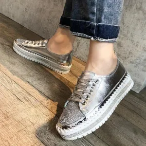 Women glitter rhinestone color block lace up stitching platform sneakers