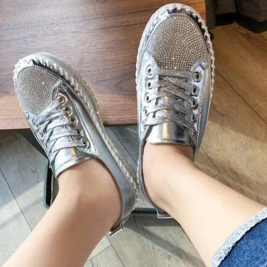 Women glitter rhinestone color block lace up stitching platform sneakers