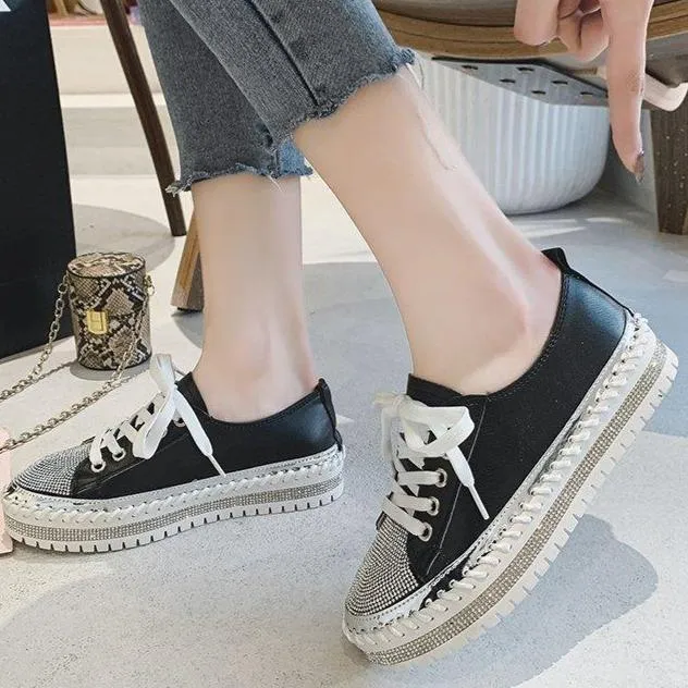 Women glitter rhinestone color block lace up stitching platform sneakers