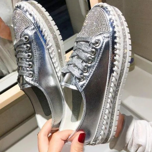 Women glitter rhinestone color block lace up stitching platform sneakers