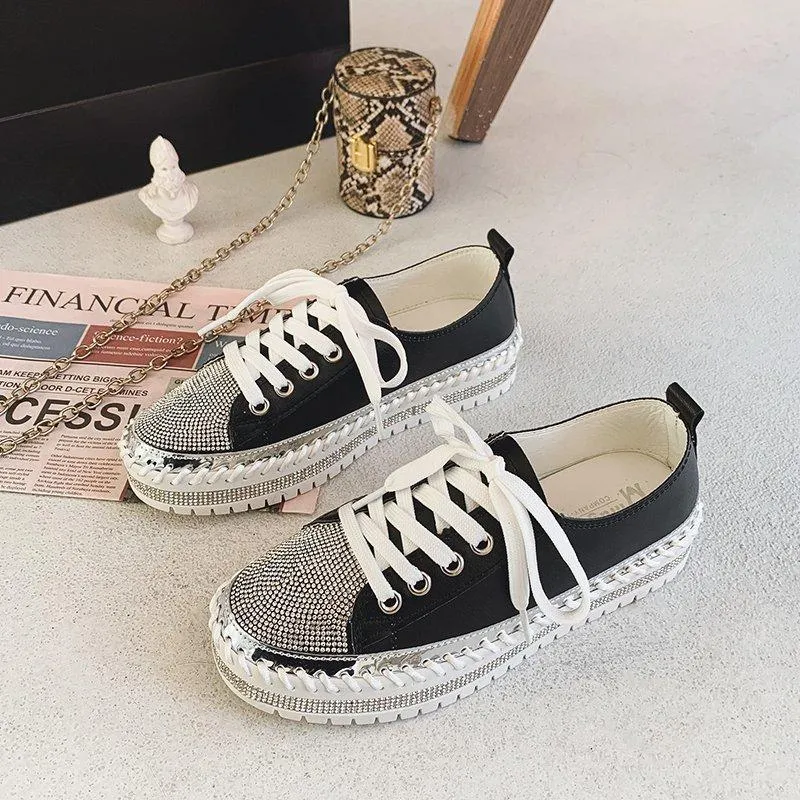 Women glitter rhinestone color block lace up stitching platform sneakers