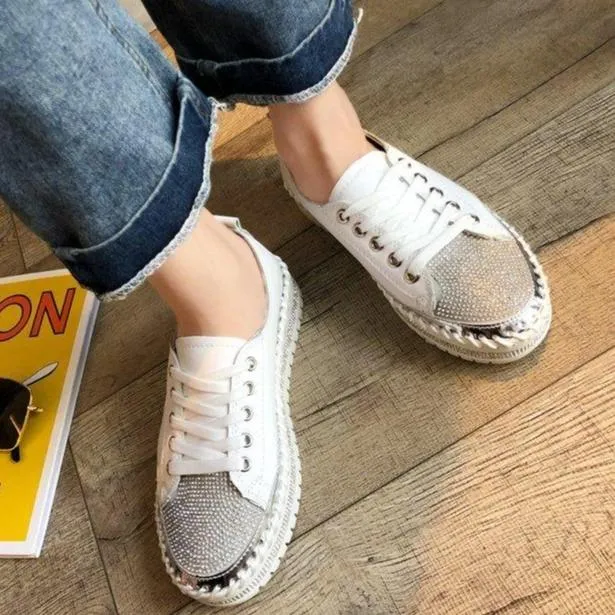 Women glitter rhinestone color block lace up stitching platform sneakers