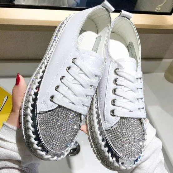 Women glitter rhinestone color block lace up stitching platform sneakers