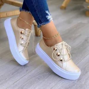 Women studded lace up thick sole flat cute sneakers