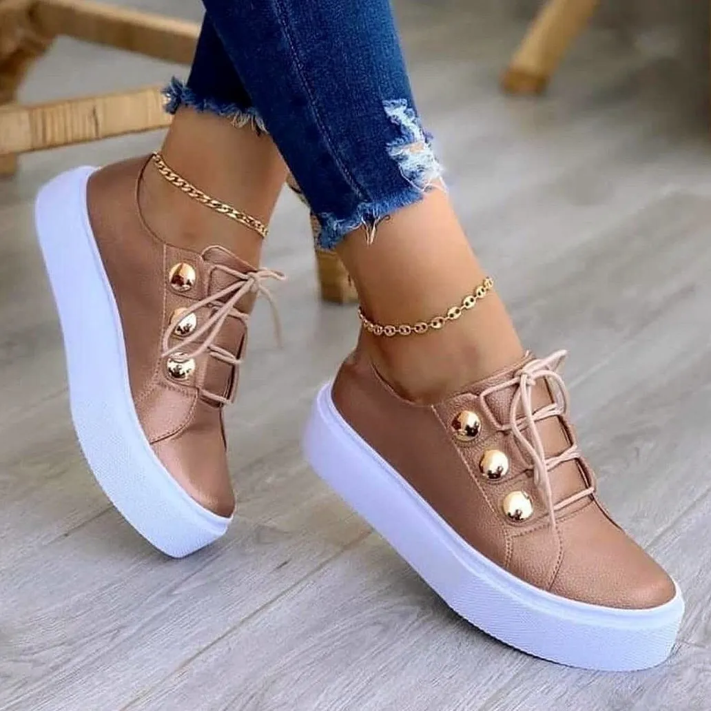 Women studded lace up thick sole flat cute sneakers