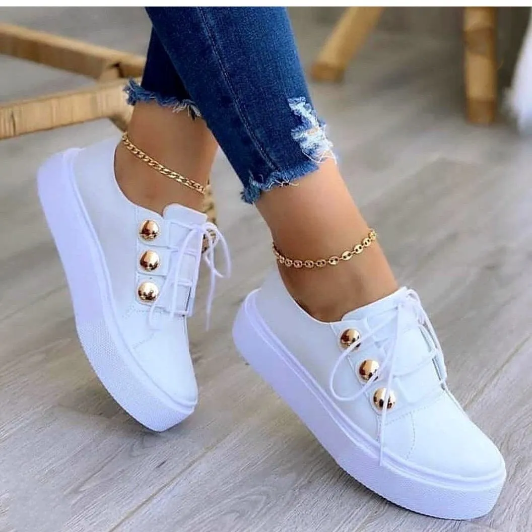 Women studded lace up thick sole flat cute sneakers