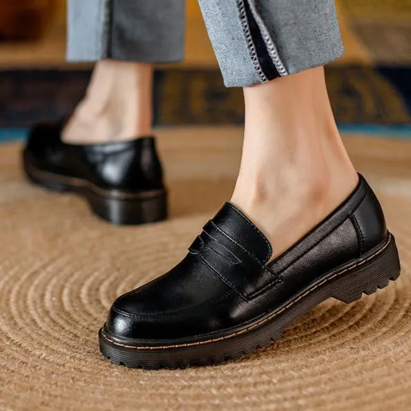 Womens Round Toe Leather Casual Style Loafers