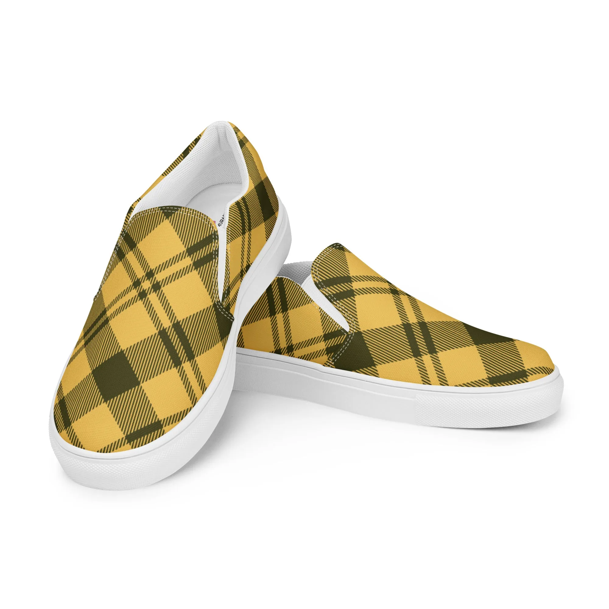 Yellow Plaid Print Women's Sneakers, Plaid Print Women’s Slip-On Canvas Shoes (US Size: 5-12)