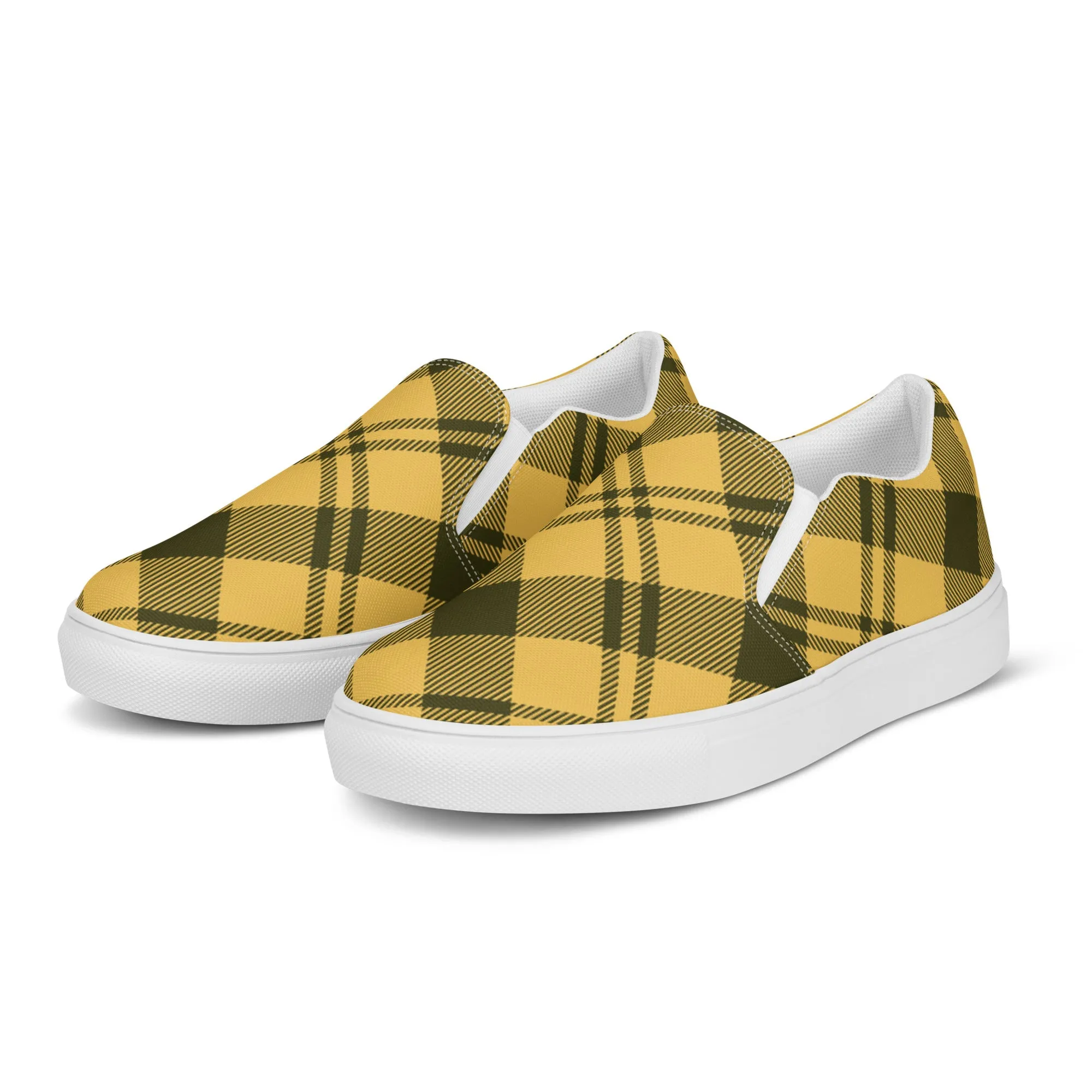 Yellow Plaid Print Women's Sneakers, Plaid Print Women’s Slip-On Canvas Shoes (US Size: 5-12)