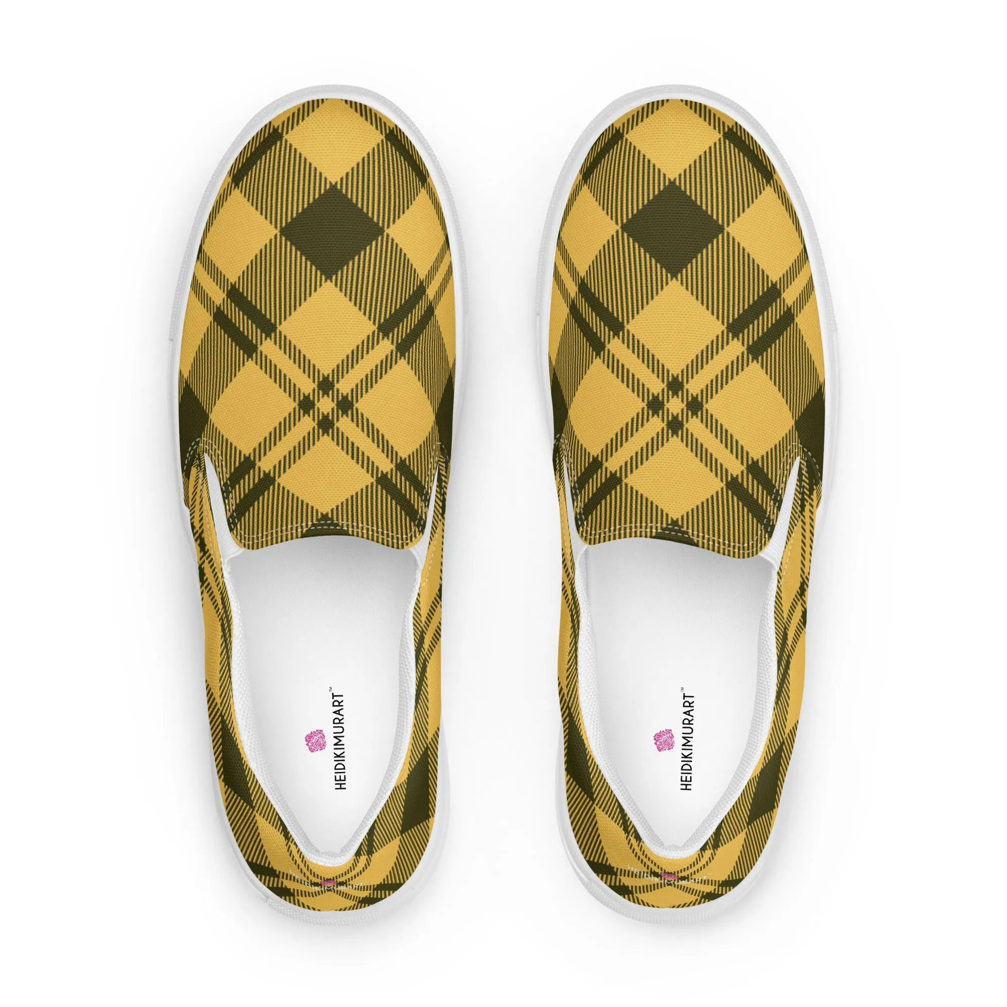 Yellow Plaid Print Women's Sneakers, Plaid Print Women’s Slip-On Canvas Shoes (US Size: 5-12)