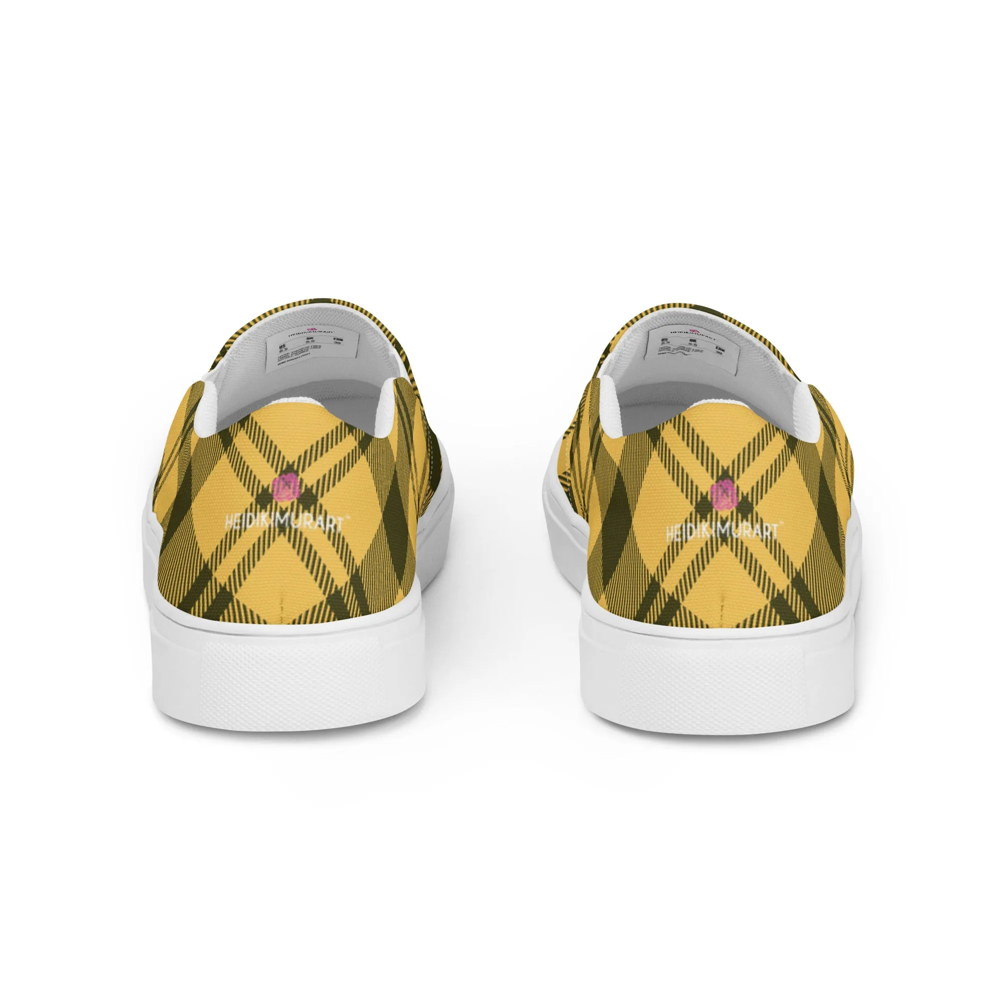 Yellow Plaid Print Women's Sneakers, Plaid Print Women’s Slip-On Canvas Shoes (US Size: 5-12)