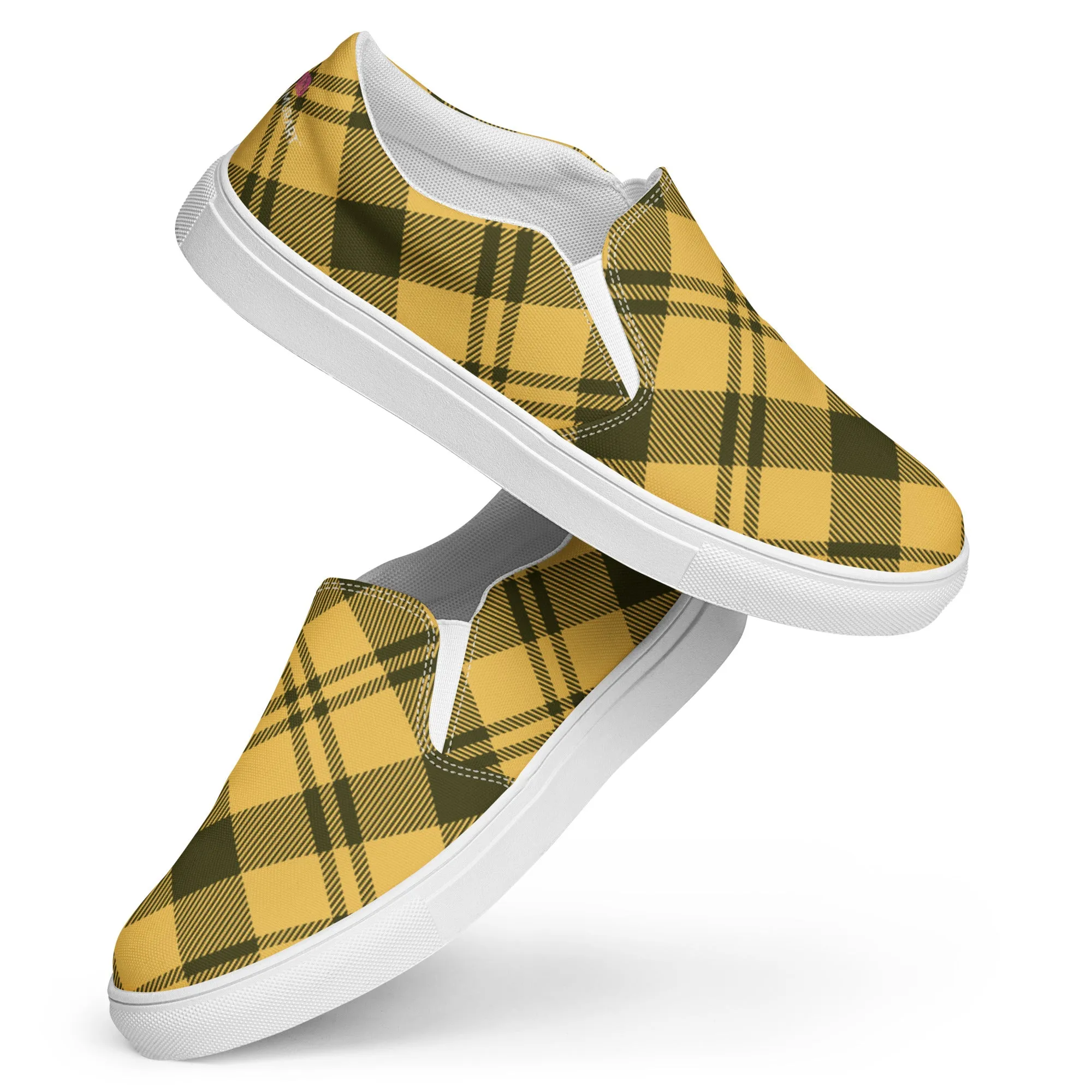 Yellow Plaid Print Women's Sneakers, Plaid Print Women’s Slip-On Canvas Shoes (US Size: 5-12)