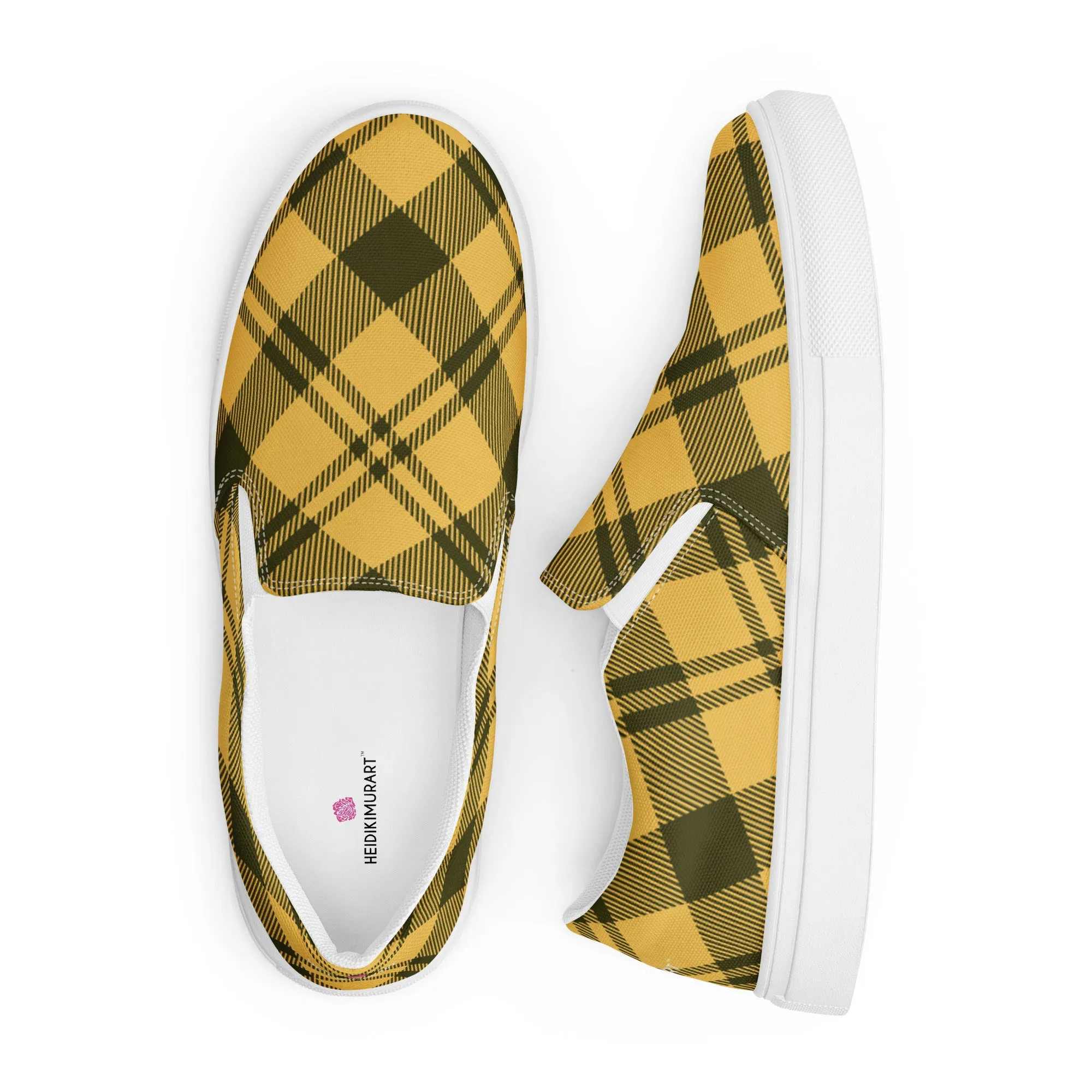 Yellow Plaid Print Women's Sneakers, Plaid Print Women’s Slip-On Canvas Shoes (US Size: 5-12)